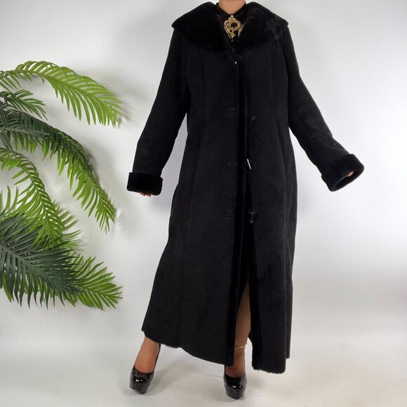Womens Vintage Dana Buchman Black Suede Faux Fur Elegant Classy Full Long Coat - Picture 4 of 9